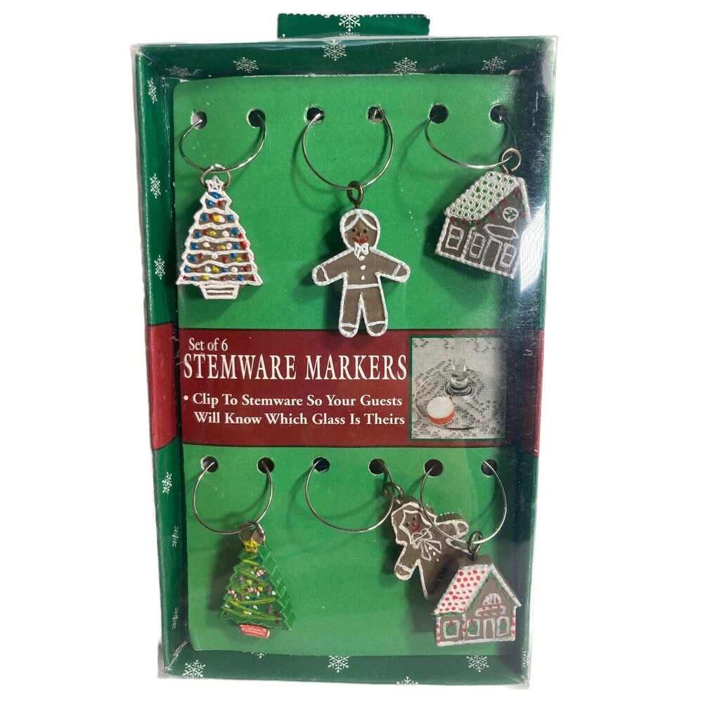 Vintage Wine Charms 2002 Christmas Tree Gingerbread Man House Party Set of 6 New